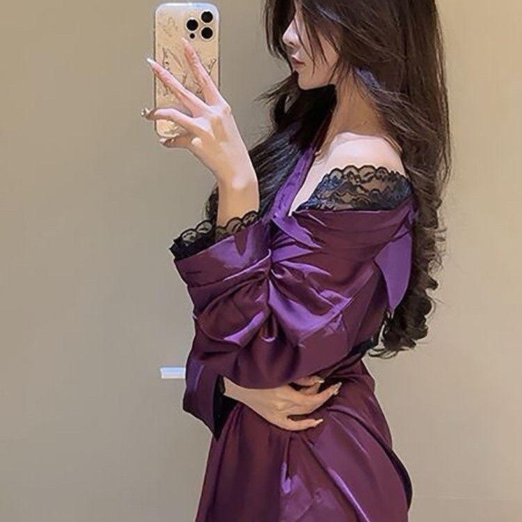 สไตล์ตะวันตกร้อนขายชุดนอนเย็บลูกไม้แขนยาว+กางเกงขาสั้นผ้าไหมน้ําแข็งฤดูร้อน ชุดลําลอง ชุด/ขนาด: หนึ่งขนาด 40-70กิโลกรัม