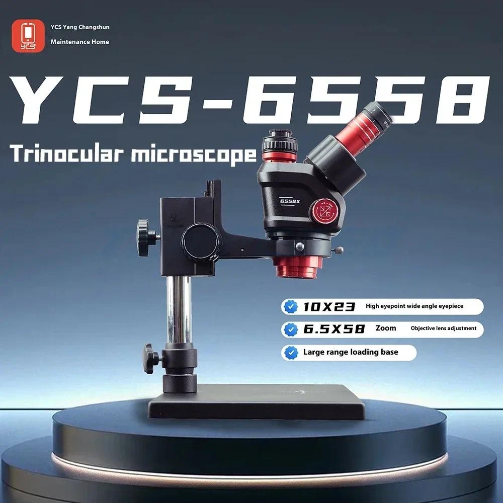 Ycs 6558S HD กล้องจุลทรรศน์ Trinocular พร้อมฐาน 6.5X58 ซูม 4K กล้องชุดสําหรับโทรศัพท์มือถือ PCB เชื่