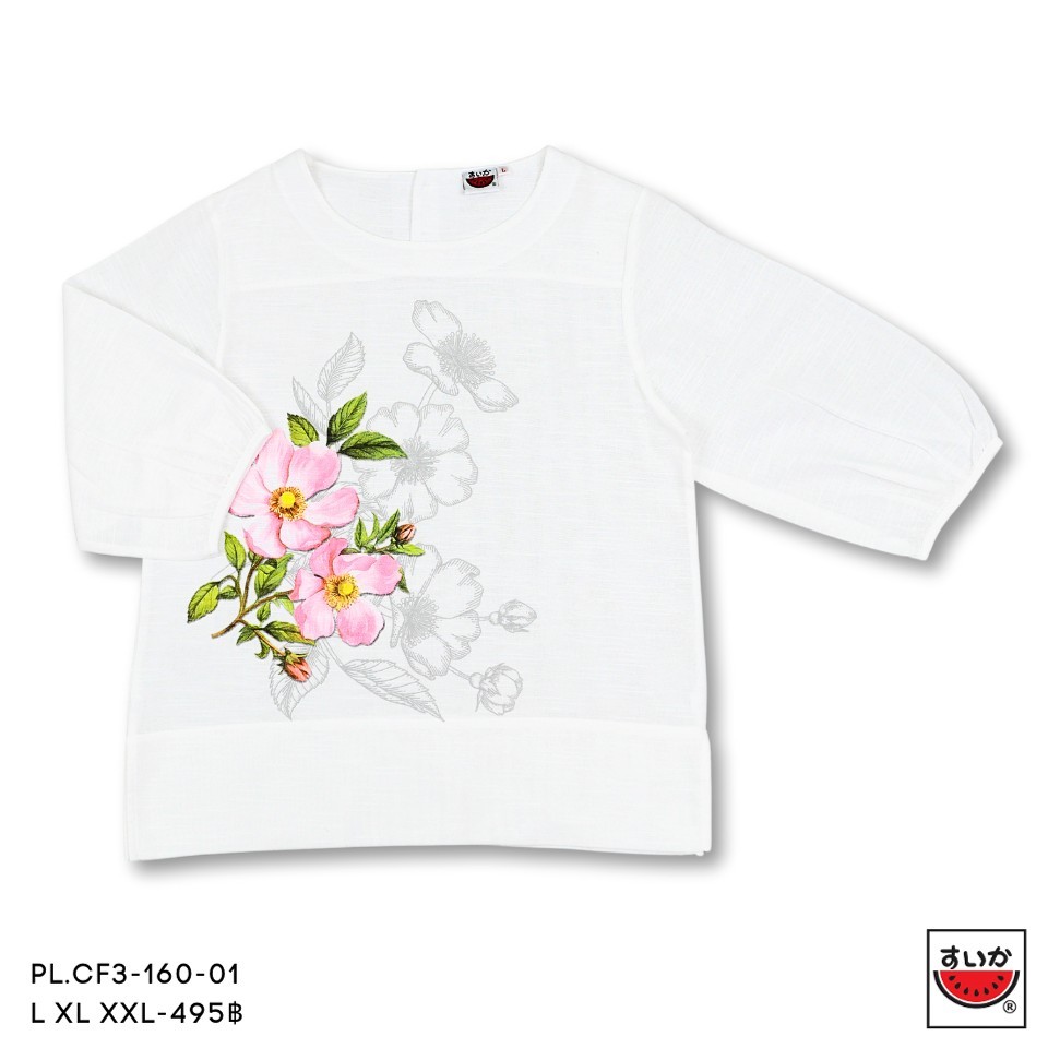 เสื้อแตงโม (SUIKA) - เสื้อแตงโม คอปาดแขนสามส่วนจั๊มปลายแขนผ้าสลาฟ พิมพ์ลายดอกไม้ ( PL.CF3-161 162 162 160 174 170 ) — صورة 2
