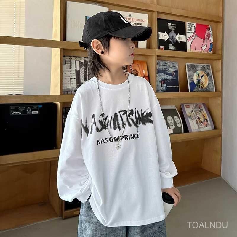 เสื้อยืดแขนยาวเด็กชายฤดูใบไม้ผลิและฤดูใบไม้ร่วง เสื้อหลวมสบายสำหรับเด็กโต เสื้อเบสฤดูใบไม้ร่วง WIGX