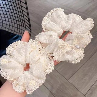 ลูกไม้ Scrunchy Hair Tie ครีมลูกไม้สีขาว Fairy Head ดอกไม้