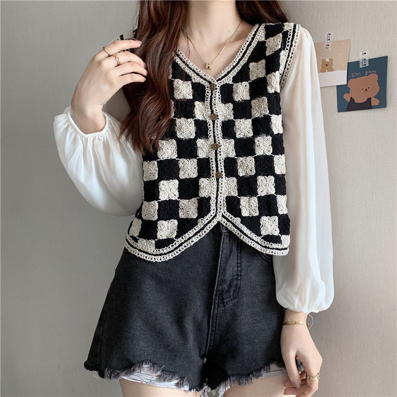 เสื้อย้อมยุคสไตล์ฤดูใบไม้ร่วง แขนยาว crochet ชีฟอง ตกแต่งด้วยขนแกะและปิดท้ายด้วยมิงค์