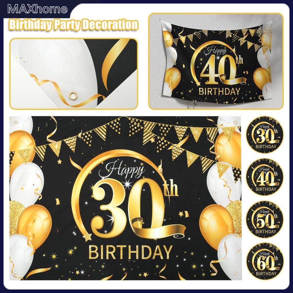30th 40th 50th 60th ขนาดใหญ่ Happy Birthday แบนเนอร์สีดําทองวันเกิดพื้นหลังตกแต่ง 80 x 120 ซม.วันเกิ