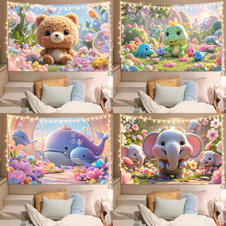 ผ้าพื้นหลังรูปสัตว์น่ารัก Agirl หมี วาฬ ผ้าแขวนตกแต่งหัวเตียงห้องนอน ผ้าการ์ตูนผ้าบำบัด