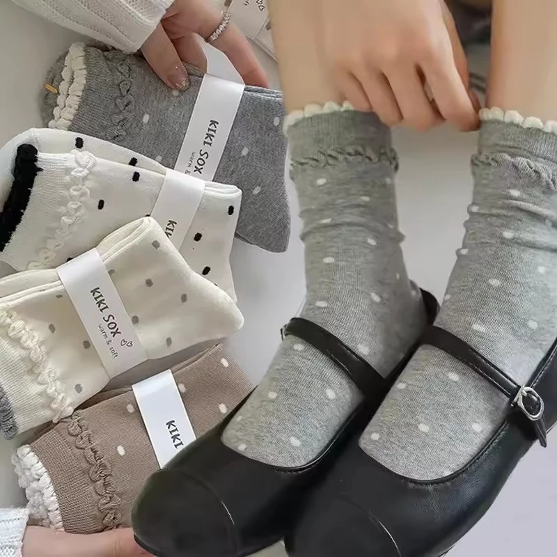 Y2K หวาน Kawaii Dot ถุงเท้าฤดูใบไม้ผลิฤดูร้อน Harajuku JK Lolita ถุงเท้าสีขาวสไตล์ญี่ปุ่นกลางถุงเท้าหลอด