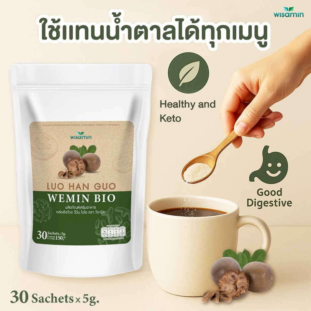 LUO HAN GUO หล่อฮังก้วย WEMIN BIO วีมิน ไบโอ (ตราวิษามิน) น้ำตาลหล่อฮังก้วย+พรีไบโอติก จำนวน 1 ถุง ป