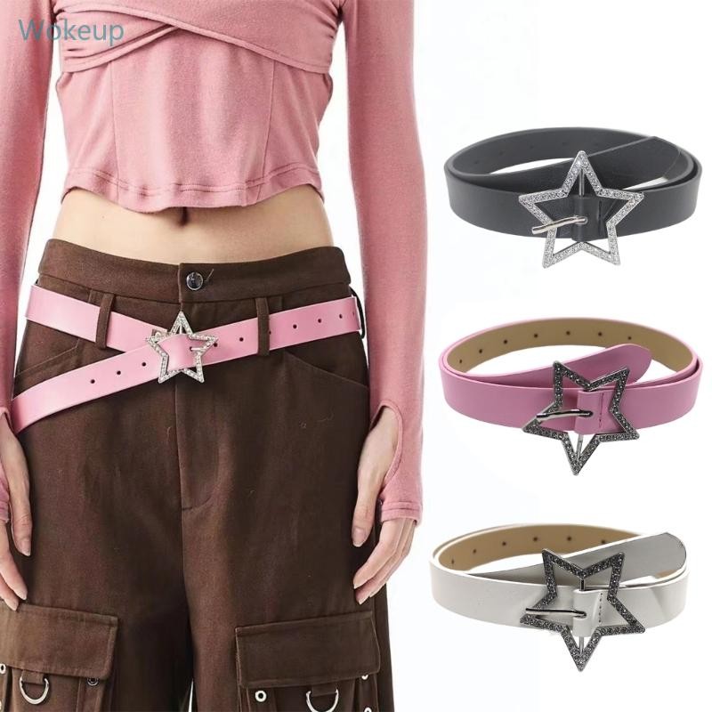 Wake PU Belt Jean Waistband Y2K-Style Sparkling Star-Buckle Waistband for Girls