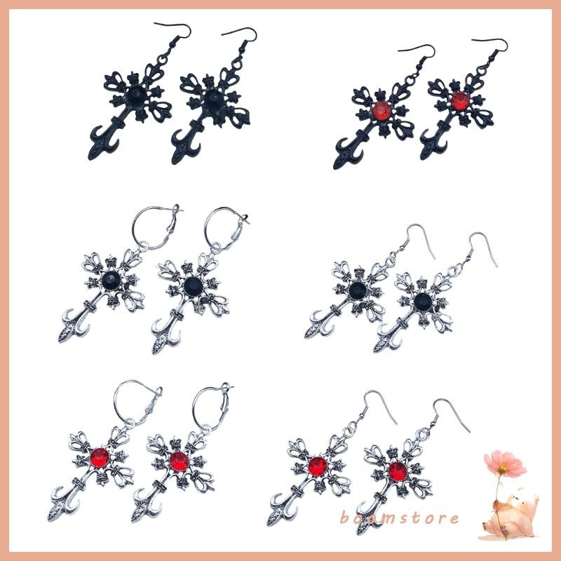 Boom Cool Gothic Punk Cross ต่างหูคริสตัลสีแดง Drop Ear Hooks ผู้หญิง Clubbing Accessor