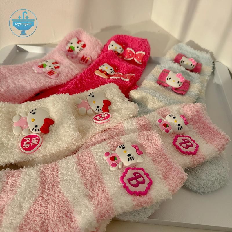 [trysingoin] น่ารัก Kawaii การ์ตูนสีสัน Hello Kitty Plush ผู้หญิงถุงเท้ากลางหลอดฤดูใบไม้ร่วงและฤดูหนาวหนา Warm Home Sleeping ถุงเท้าชั้น TH