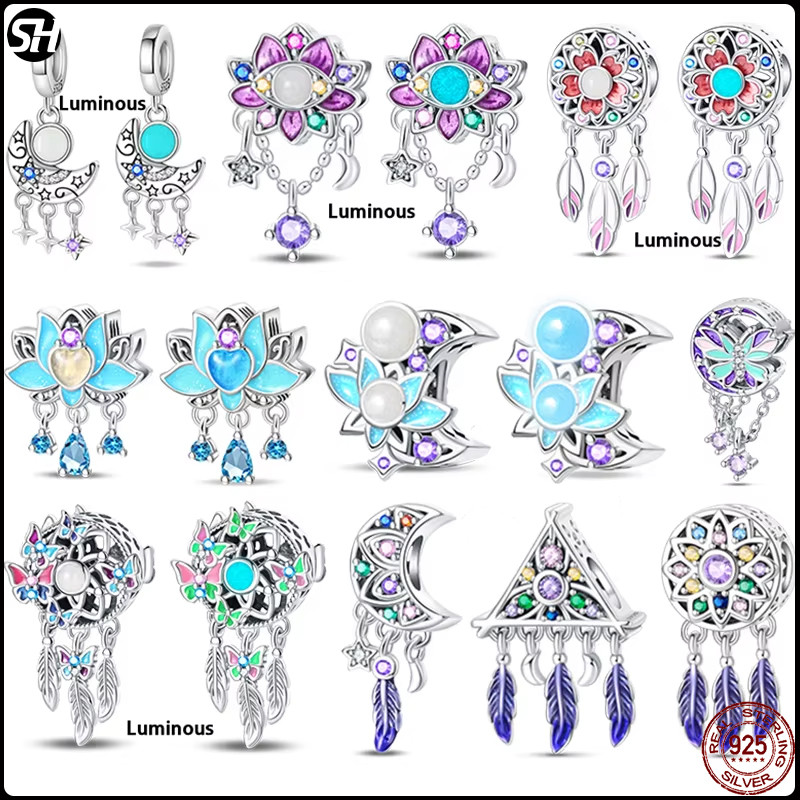925 เงินสเตอร์ลิงสีม่วง Dream Catcher Luminous Lotus ผีเสื้อ Charms ลูกปัด Fit 4 มม.สร้อยข้อมือ DIY เครื่องประดับทํา