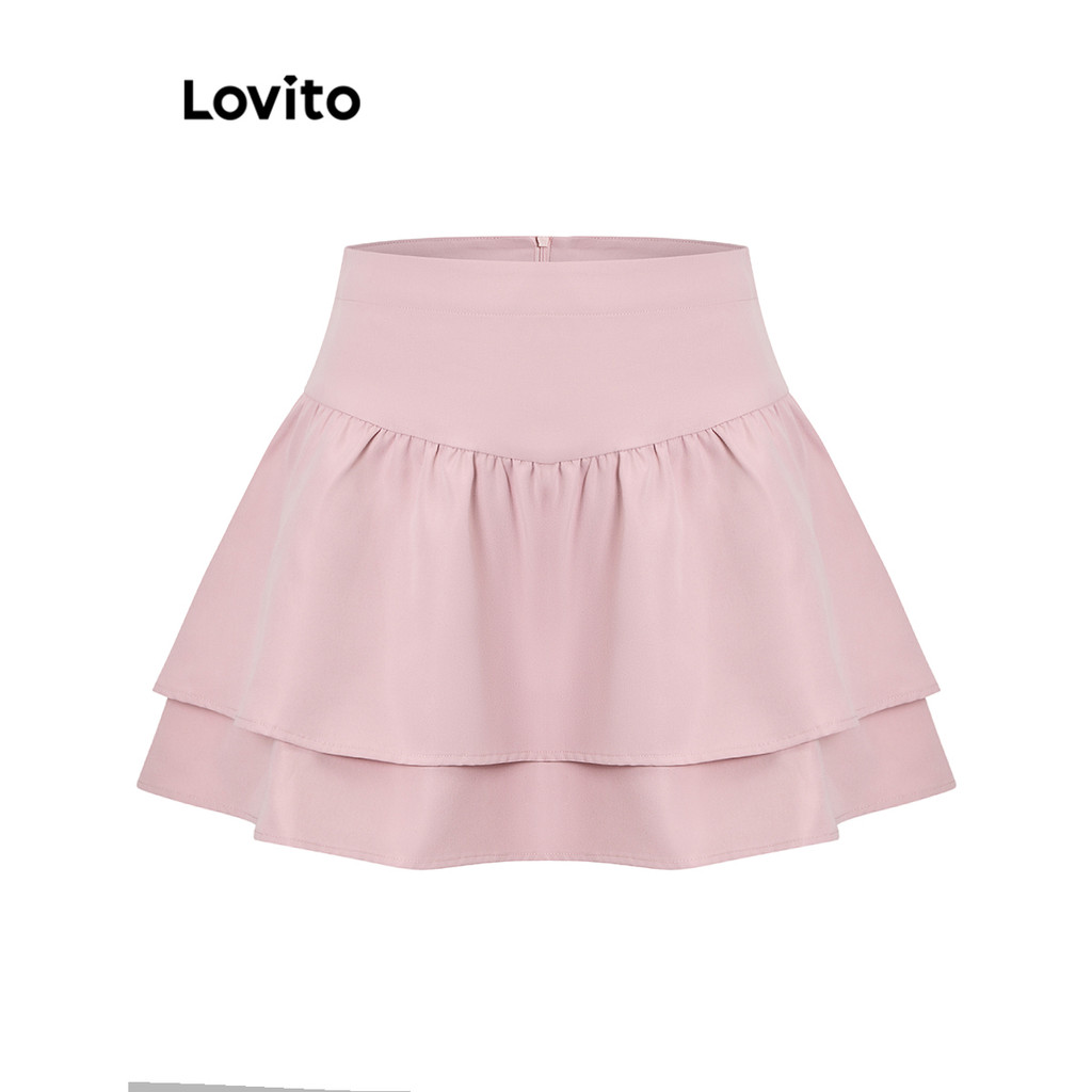 Lovito กระโปรงจีบธรรมดาน่ารักสำหรับผู้หญิง LAD106981