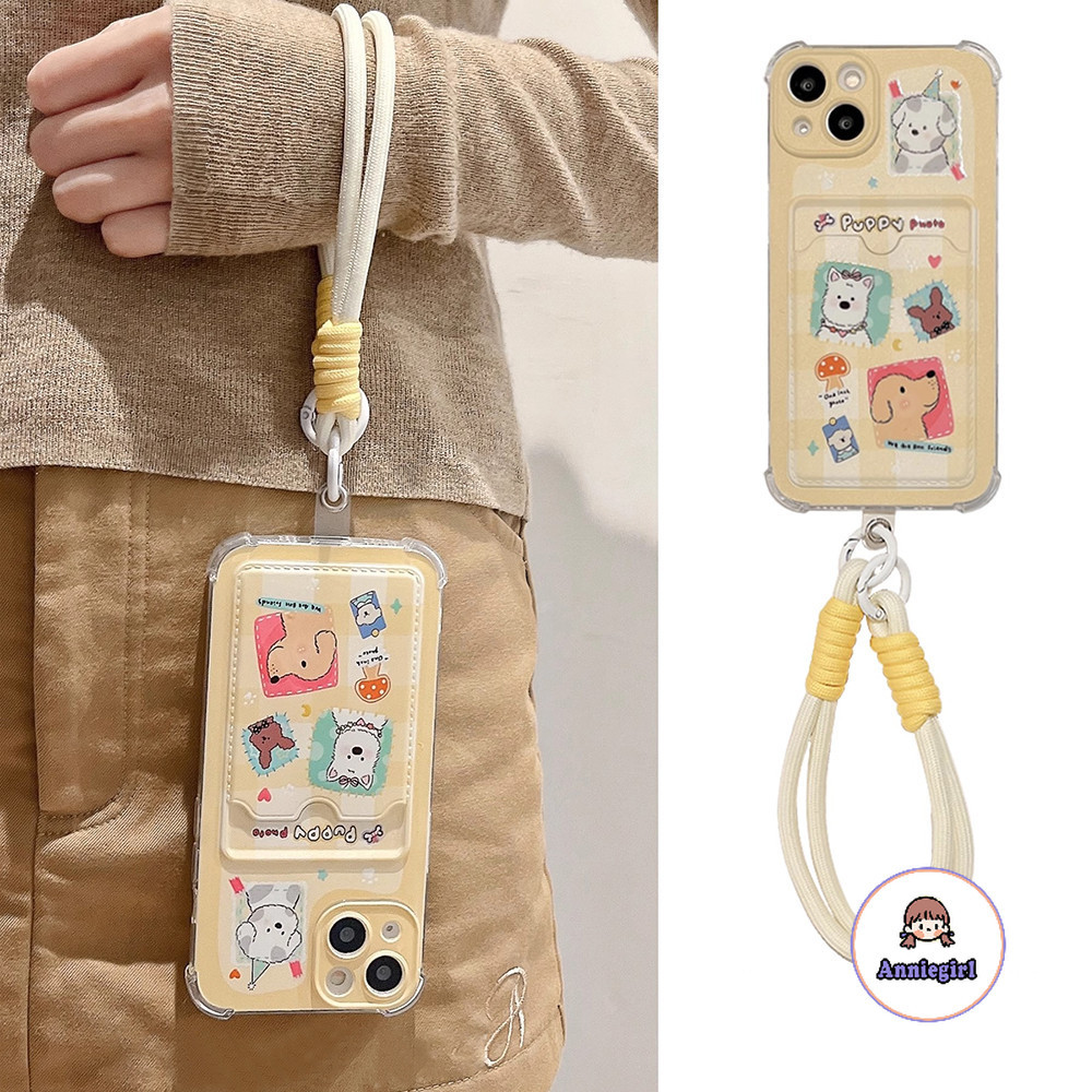 น่ารักลายสก๊อตลูกสุนัขผู้ถือบัตรไนลอน Lanyard เคสโทรศัพท์สําหรับ IPhone 11 15 16 Pro MAX 16 Plus 12 14 13 Promax XS MAX XR 7 8 Plus Drop ทน TPU นุ่มโทรศัพท์ปกหลัง