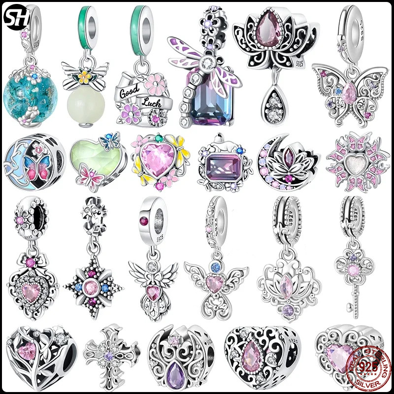 925 เงินสเตอร์ลิงคลาสสิกผีเสื้อสีม่วงรูปหัวใจ Lotus Angel จี้ Charms ลูกปัด Fit 4 มม.รู diemare สร้อยข้อมือเครื่องประดับ