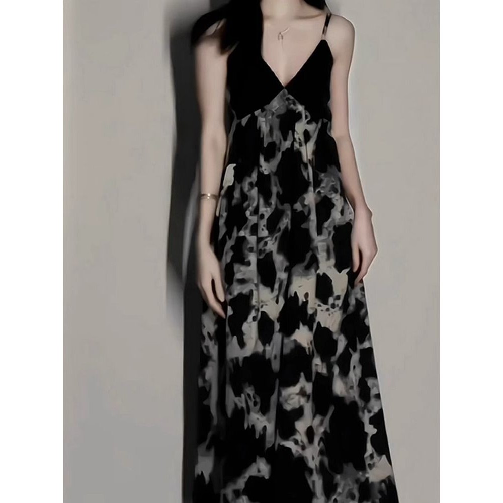 ภาษาฝรั่งเศสคําสไตล์ Retro ชุดเดรสยาว Hepburn Elegant High-เกรดSlimmingดอกไม้สลิงCrushionกระโปรงQuic