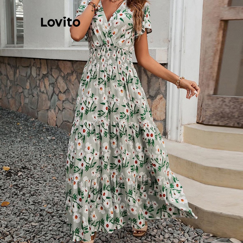 Lovito ชุดครุยชนบทสม็อคภูมิเขตร้อนหรูหราสำหรับผู้หญิง LNL73407