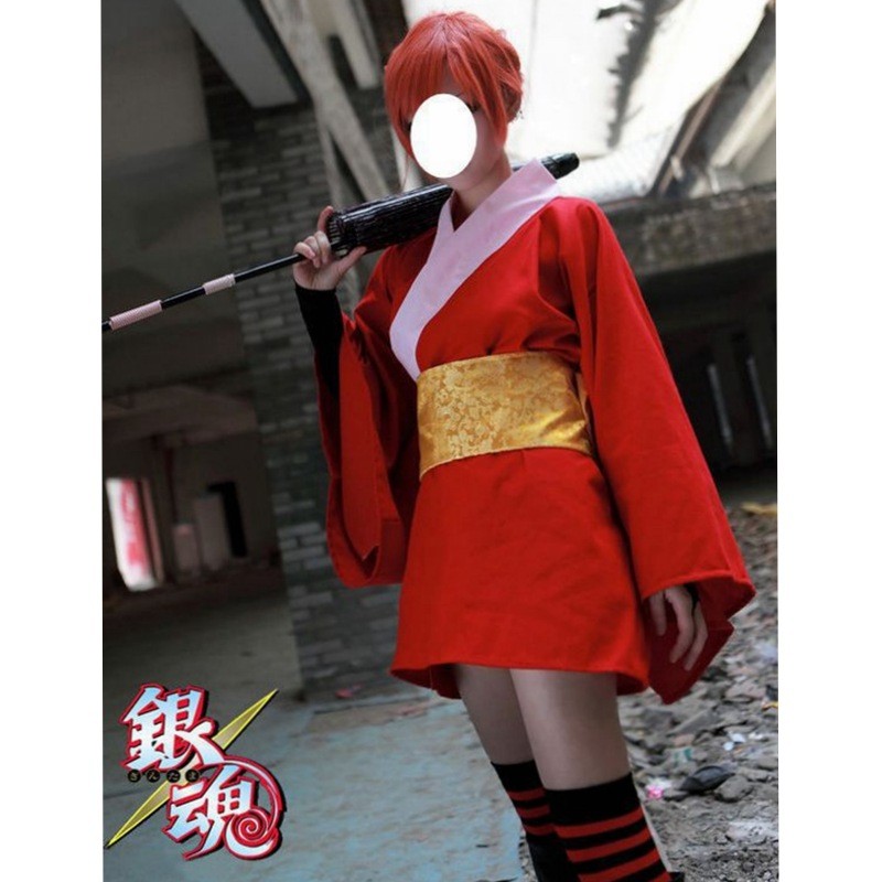 เครื่องแต่งกายคอสเพลย์ กิโมโน การ์ตูนอนิเมะ Gintama Kagura cosplay Costume สีแดง