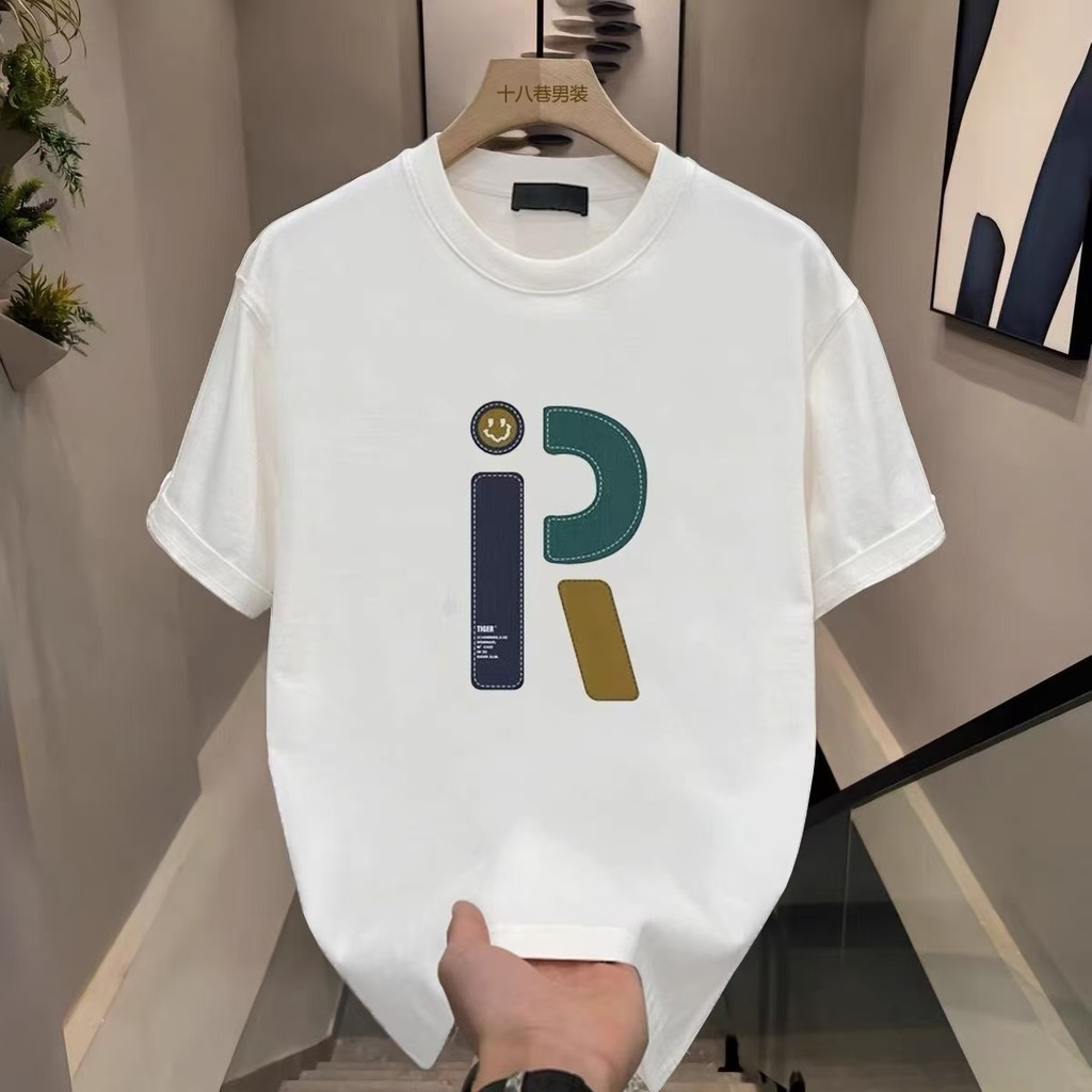 (จัดส่งตลอด 24 ชั่วโมง)Fanfei Clothing store เสื้อยืดแขนสั้นพิมพ์ลายตัวอักษร R ผ้าฝ้าย 100% สำหรับผู้ชาย