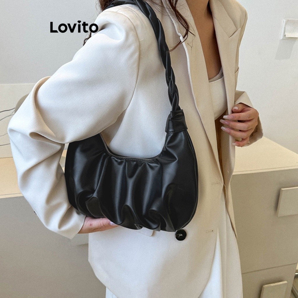 Lovito กระเป่า แต่งจีบ สีพื้น สไตล์ลำลอง สำหรับผู้หญิง L66AD043 (สีขาว/สีดำ)