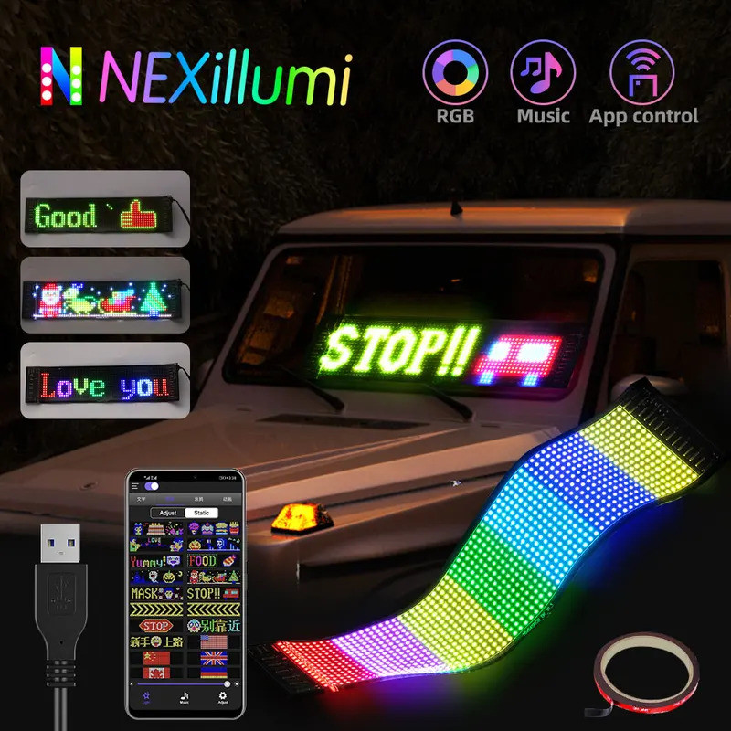 Led Matrix Pixel แผง USB 5V ยืดหยุ่นแอดเดรส RGB รูปแบบ Graffiti เลื่อนข้อความภาพเคลื่อนไหวจอแสดงผลรถ