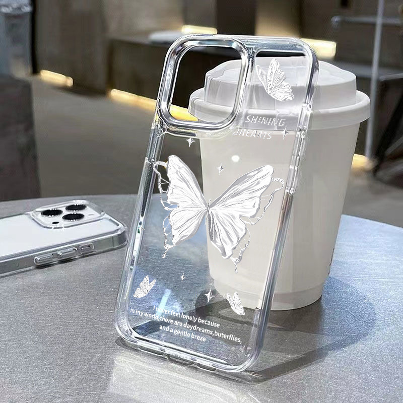 น่ารักกันกระแทกนุ่มหรูหรา Butterflaies สําหรับ IPhone 11 12 13 14 15 16 Pro Max 7 8 Plus X XS XR ความงาม TPU ซิลิโคนเลนส์โลหะฝาครอบโทรศัพท์ปลอกใส