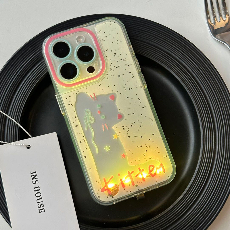 การ์ตูนกระพริบไฟ LED Luminous Splash-Ink Cat สําหรับ iPhone 15promax เคสโทรศัพท์ 14 13promax 12 15 11 Slicone