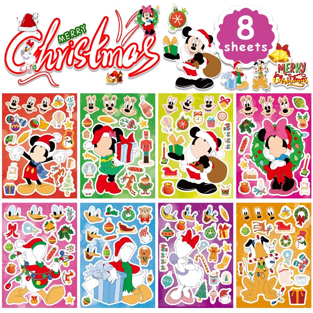 8ชิ้นดิสนีย์การ์ตูนมิกกี้เมาส์และโดนัลด์ดั๊กธีมคริสต์มาสชุดสติกเกอร์ปริศนาเด็กการ์ตูน ทําเอง สติกเกอร์กาว