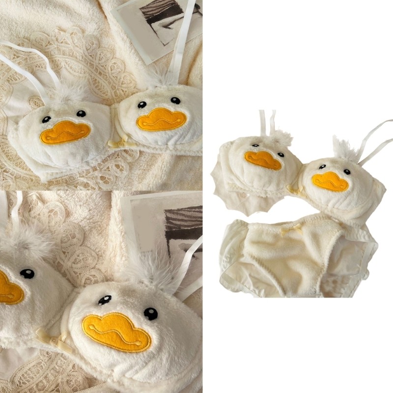 HO 2 ชิ้นผู้หญิง Anime Plush Bra และชุดกางเกงน่ารักการ์ตูนเป็ดรูปแบบ Furry ชุดชั้นในคอสเพลย์ญี่ปุ่น 