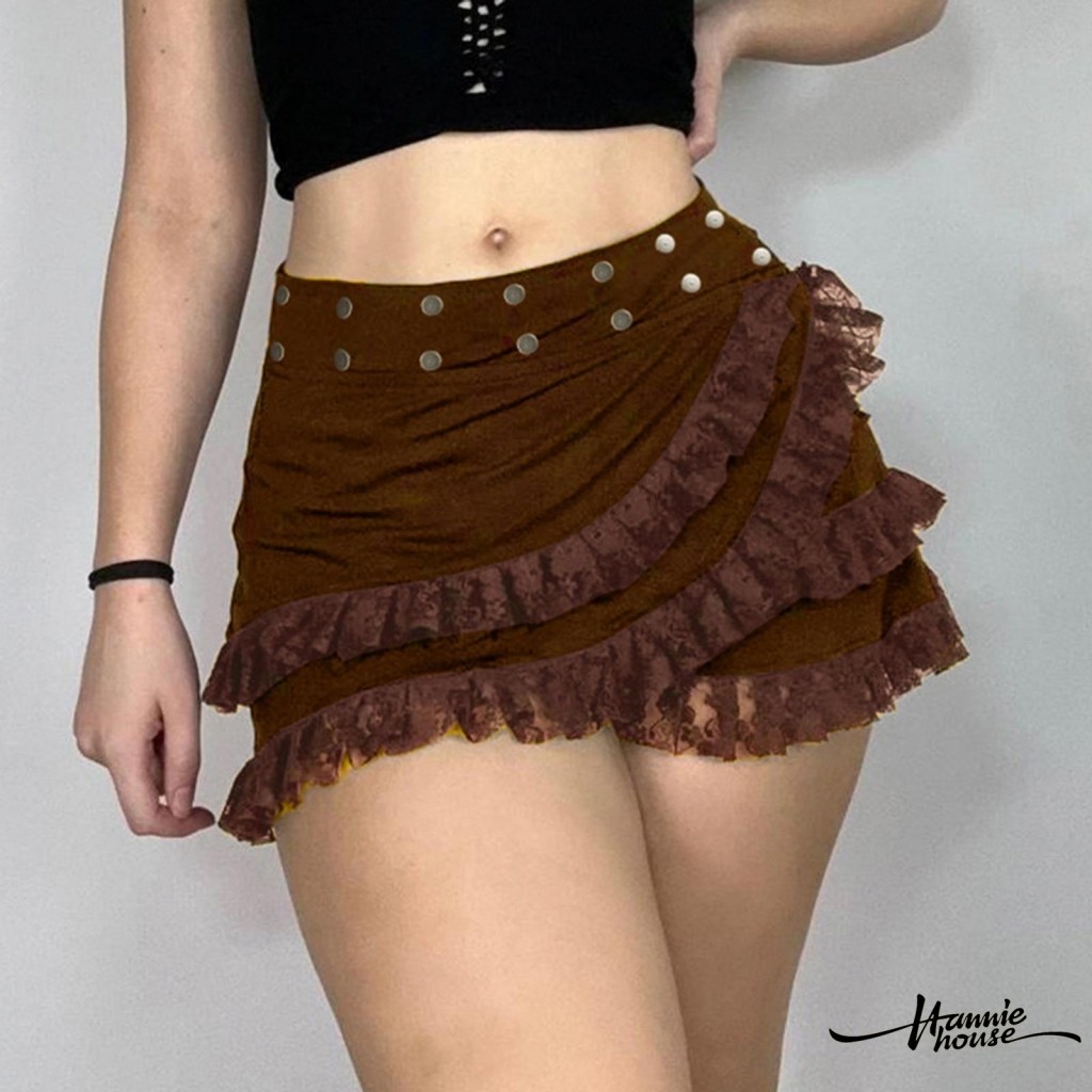 Hanie House- กระโปรงลูกไม้ไม่สม่ําเสมอเอวต่ําสําหรับผู้หญิง