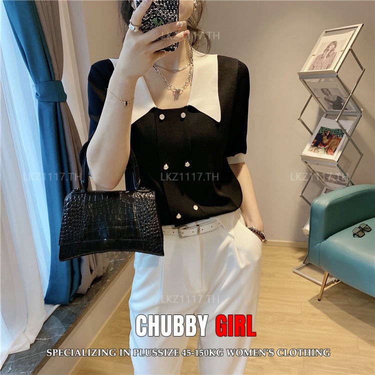 Plus size เสื้อผ้าสาวอวบ❤ เสื้อยืดสาวอวบอ้วน ไซส์ใหญ่ ผู้หญิง ทรงหลวม แขนสั้น คอบัว สีดำ ฤดูร้อน สไตล์เกาหลีแฟชั่น
