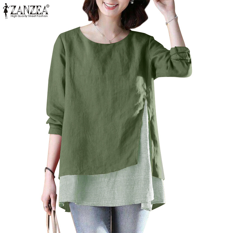 ZANZEA ใส่ ซานเซีย ผู้หญิงเกาหลีลําลองลายสก๊อตแขนยาวเท็จสองชิ้นเสื้อ
