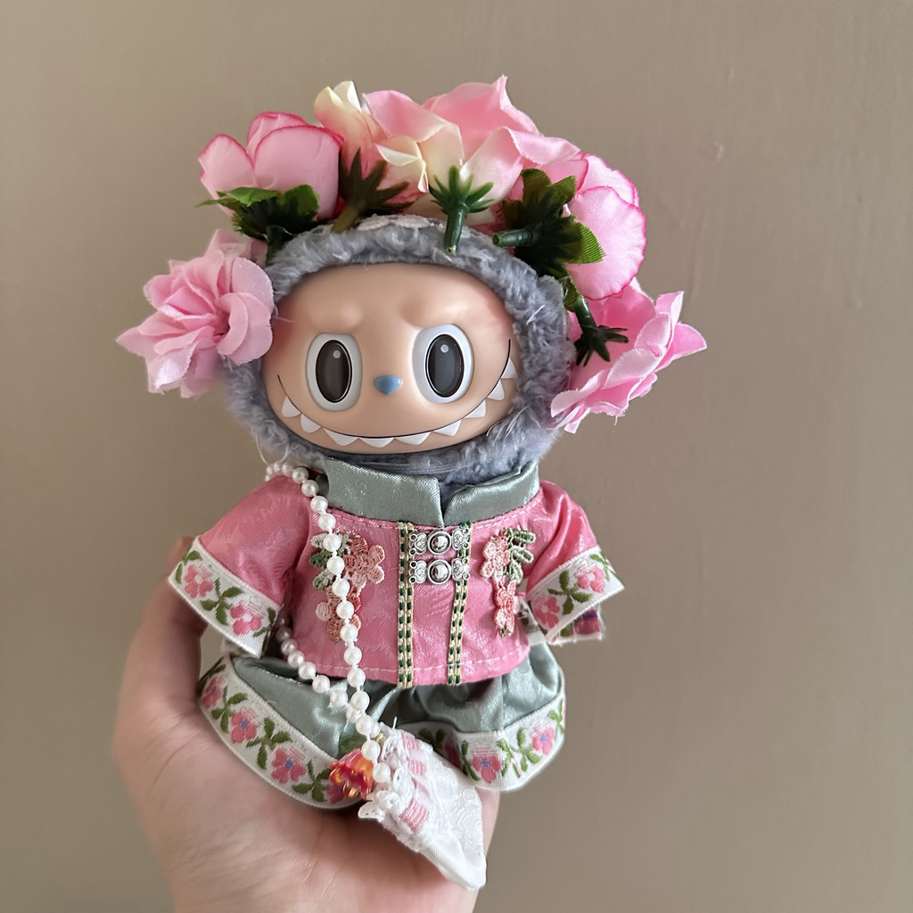 สําหรับเสื้อผ้าเด็ก 17 ซม. labubu กิ๊บติดผมไวนิลลายดอกไม้บนชุดสําหรับผ้า labu ตกแต่งน่ารักผ้าเล็กๆ