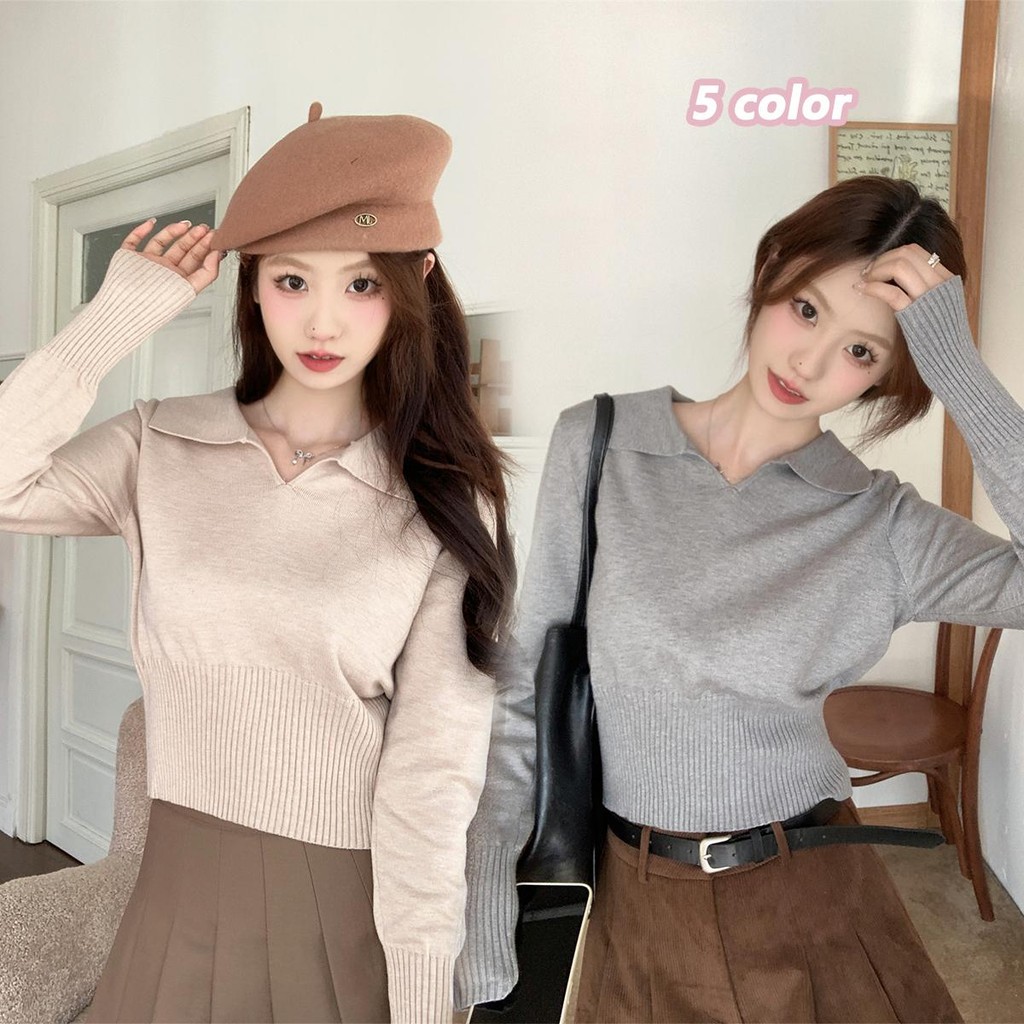👚Anna👚  เสื้อสเวตเตอร์แขนยาวโปโลคอปกเสื้อสเวตเตอร์ผู้หญิงฤดูใบไม้ร่วงสั้นทรงเข้ารูปสั้นเสื้อคอวีด้านบน #F092