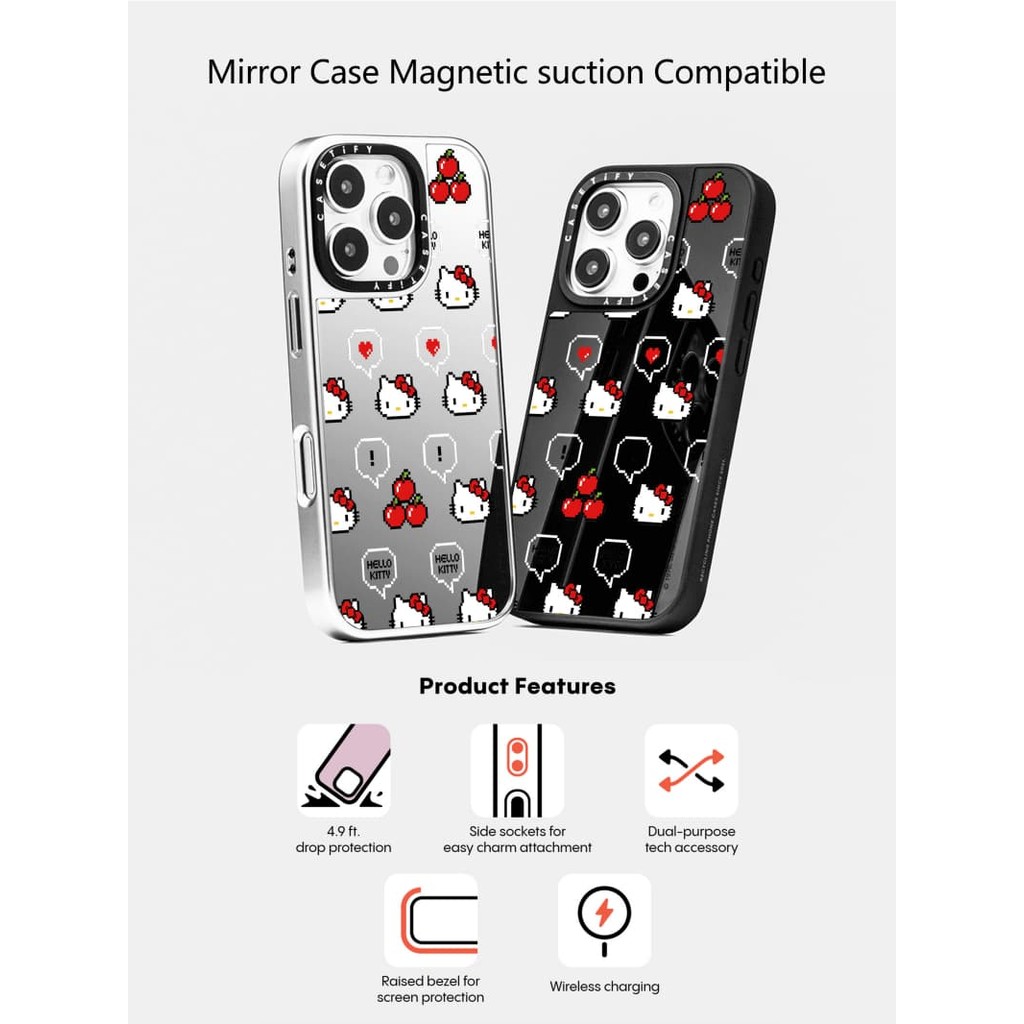 Casetify X HelloKitty Cherry แม่เหล็กดูด Black & Sliver Mirror IPhone Case IPhone 16 15 14 13 12 Pro Max Plus Hard Back Case Cover พร้อมกล่องแกะสลักโลโก้
