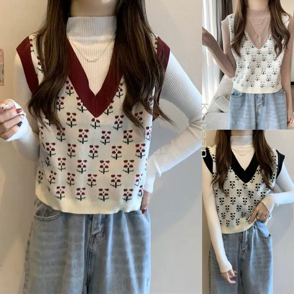 Dahong 23165 เสื้อกล้ามครอปไหมพรม คอวี เสื้อกั๊กไหมพรม ผ้าไหมพรม คริสต์มาส สไตล์เกาหลี มุ้งมิ้ง