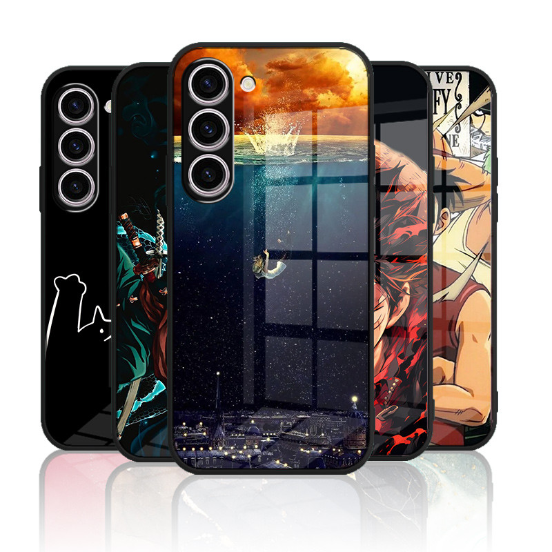 เคสกระจก Samsung Galaxy S23 S22 S23FE S24 เคสกระจกนิรภัยฮาร์ดฝาหลังขอบซิลิคอนอ่อน