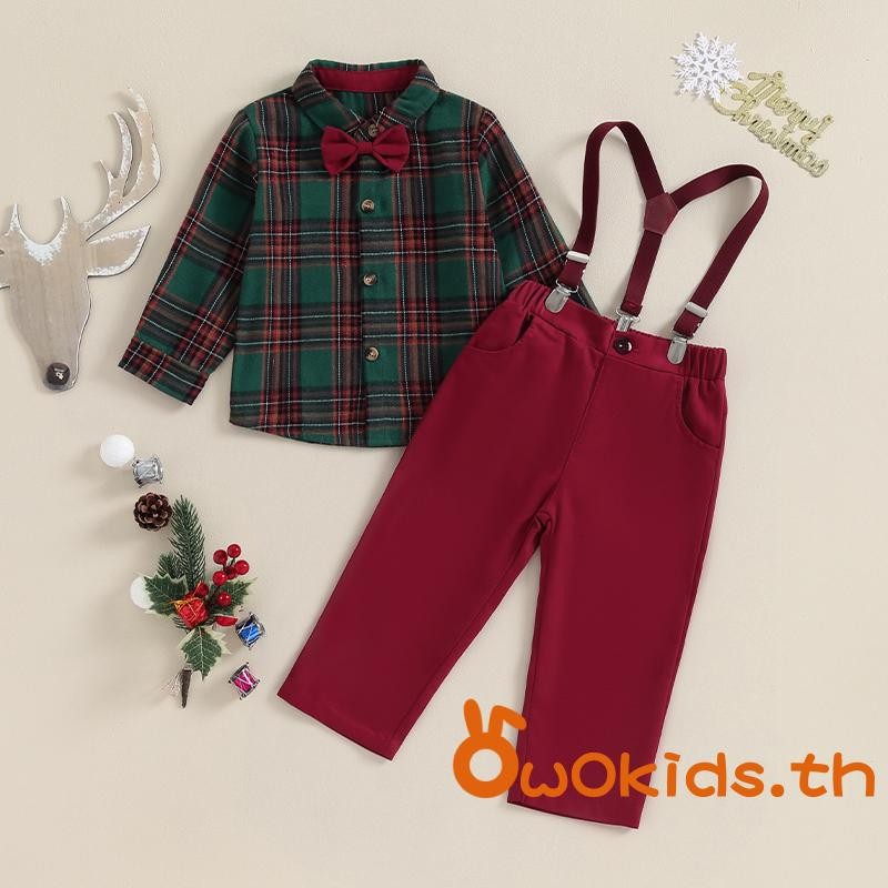 Grao-baby Boys 2 ชิ้นสุภาพบุรุษชุดเสื้อแขนยาวลายสก๊อต + กางเกงแขวนชุดเสื้อผ้าเด็กวัยหัดเดิน