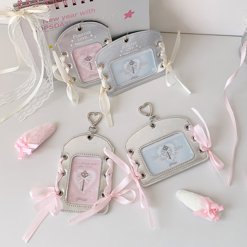 Ins Ballet Silver Leather PU Card Holder Ballet 3 Inch Small Card Display Hanging Protective Case Ribbon Idol Card Holder