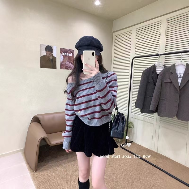 ชุด GS Blogger ฤดูหนาว สไตล์เกาหลีใหม่ เรียบง่าย ขี้เกียจ สบายๆ เสื้อสเวตเตอร์ลายทาง แขนหลวม ลดน้ำหนัก ฉันต้องการมัน NEE9