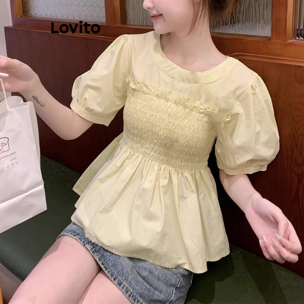 Lovito สีพื้น สไตล์ลำลอง แต่งระบาย แต่งโบว์ เสื้อเบลาส์ผู้หญิง LNE69577