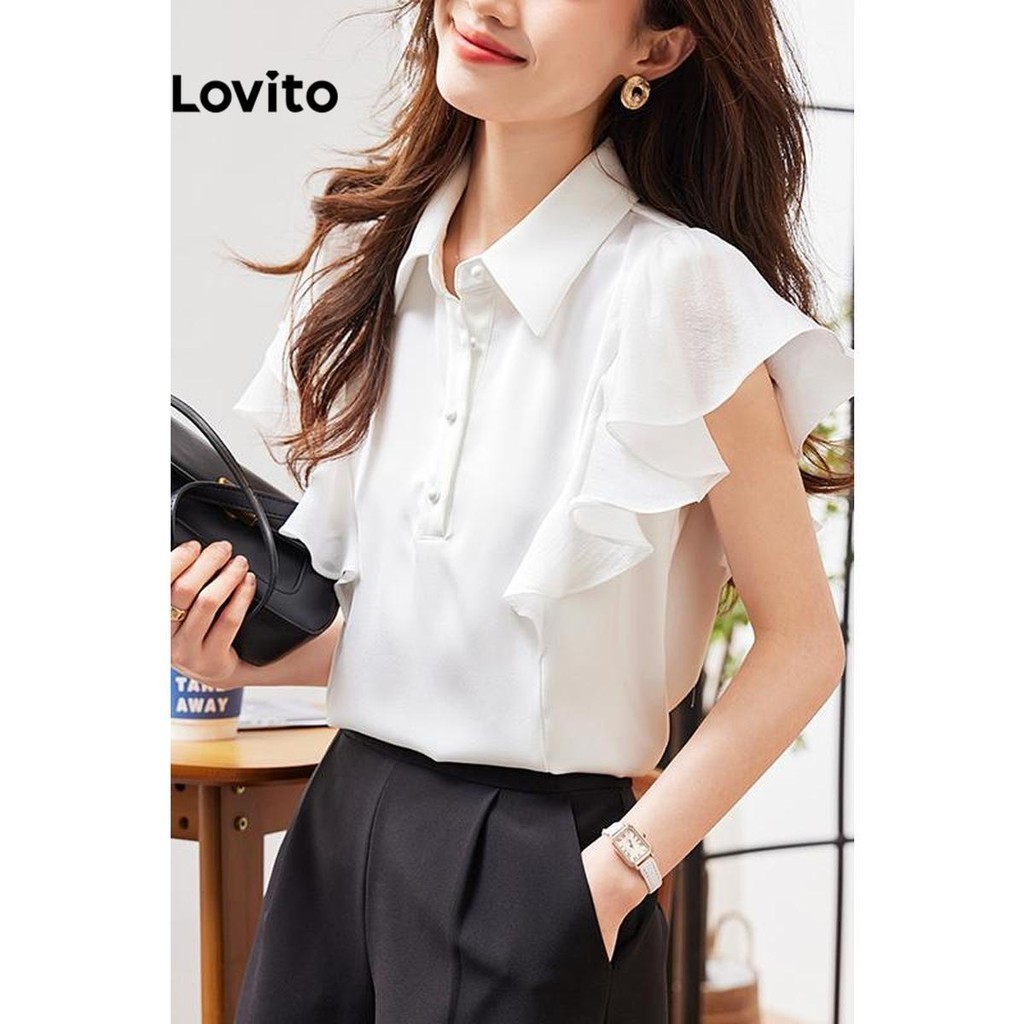 Lovito เสื้อเบลาส์ผู้หญิง แต่งระบาย สีพื้น สไตล์หรูหรา LNE58494