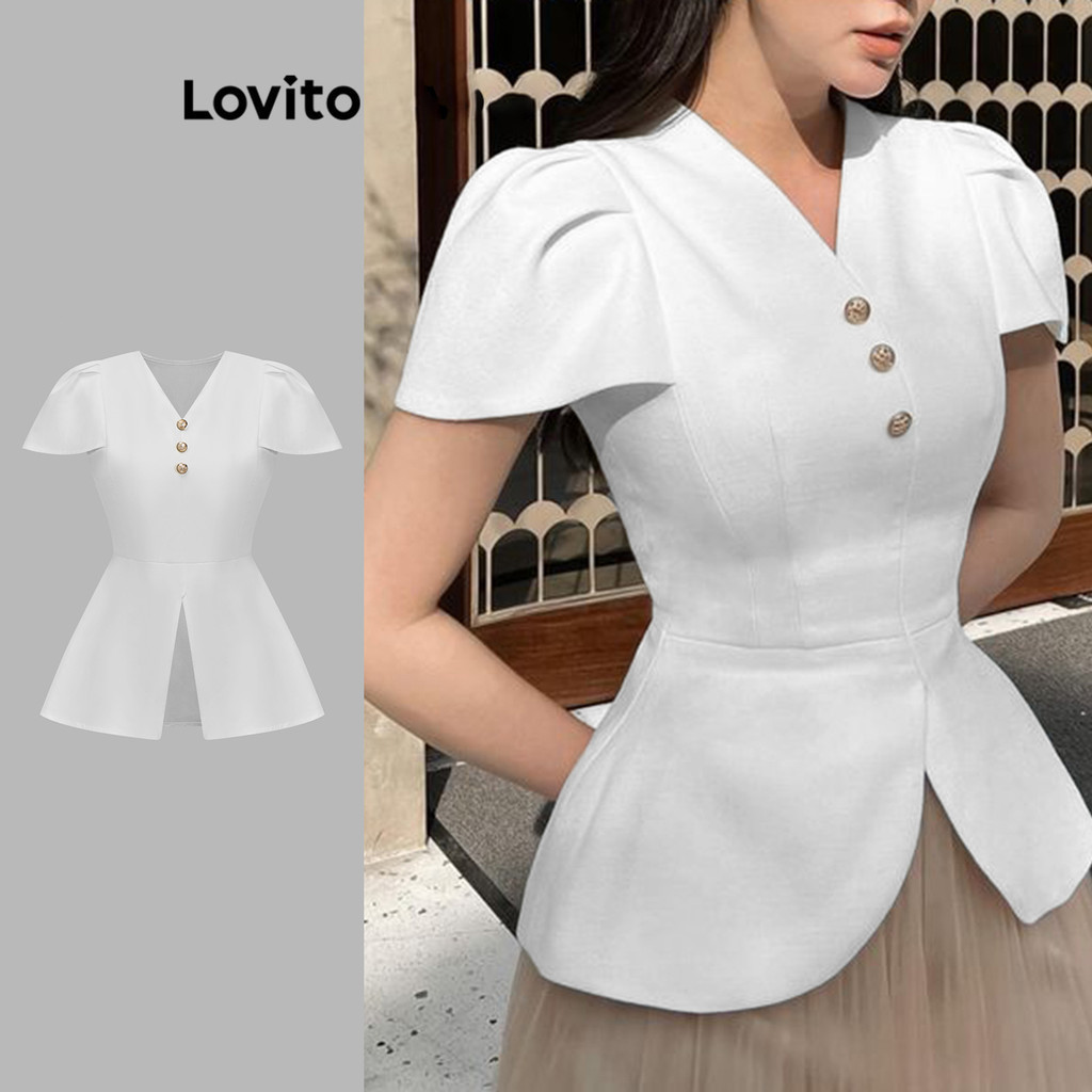 Lovito เสื้อเบลาส์ผู้หญิง แต่งจีบ มีกระดุม สีพื้น สไตล์ลำลอง L85AD010