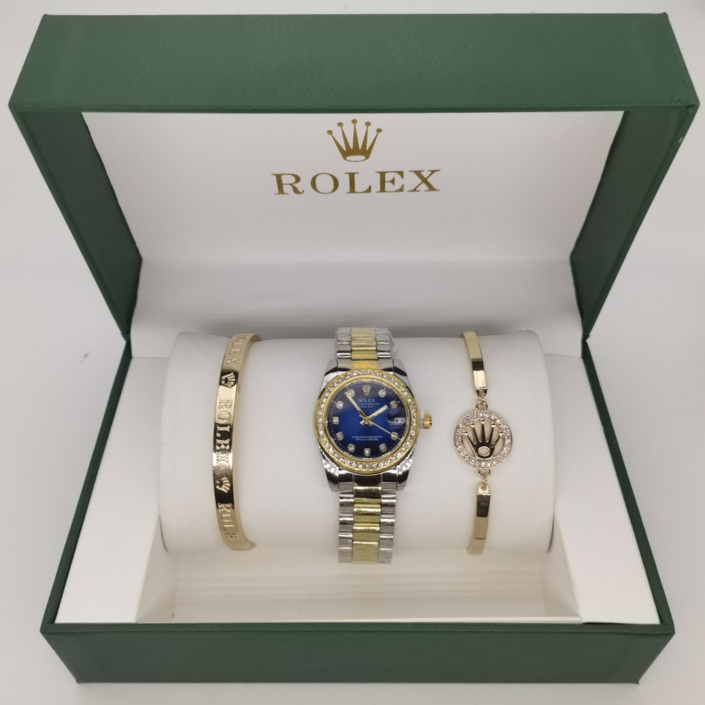 Rolex 3 ชิ้นชุดปฏิทินคอลเลกชันแฟชั่นแถบเหล็กนาฬิกาผู้หญิงนาฬิกาควอตซ์นาฬิกาผู้หญิงผู้ชาย
