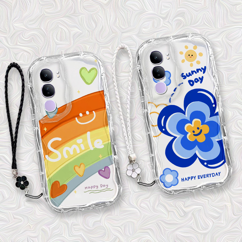 เคส VIVO V40 LITE ป้องกันเลนส์โปร่งใส เคสโทรศัพท์สีรุ้งพร้อมโคลเวอร์ สร้อยข้อมือลายการ์ตูน TPU CBX3