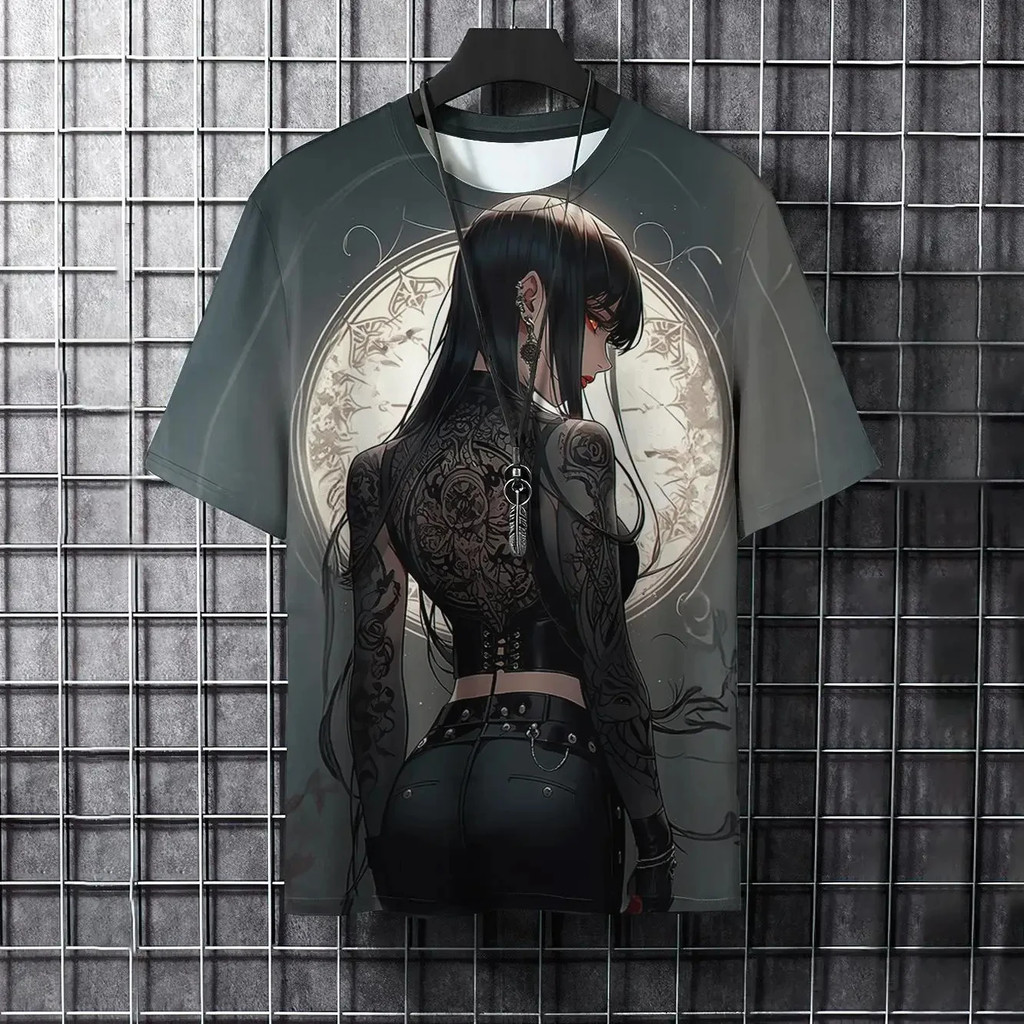 เสื้อยืดผู้ชายลายการ์ตูนแอนิเมชั่นพิมพ์ลาย 3 มิติ รอยสักนักรบสุดเท่ เสื้อเชิ้ตแขนสั้นลําลองแนวสตรีทฤ