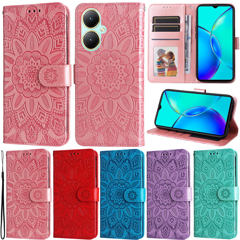 ดอกทานตะวันสําหรับvivo Y17S Y78 Y36 Y27 V29E Y02A Y02 4G Y11 2023 Y22 Y22S Y35 Y02S Y16 4Gกระเป๋าสตางค์หรูหราหนังPUหนังพลิกผิวฝาครอบกรณี