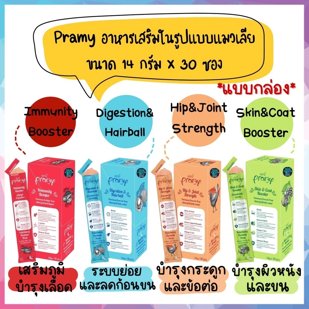 🌟10 ซอง/20 ซอง/ยกกล่อง🌟 Pramy ขนมแมวเลีย บำรุงสุขภาพ มีทั้งหมด 4 สูตร ขนาด 14 กรัม