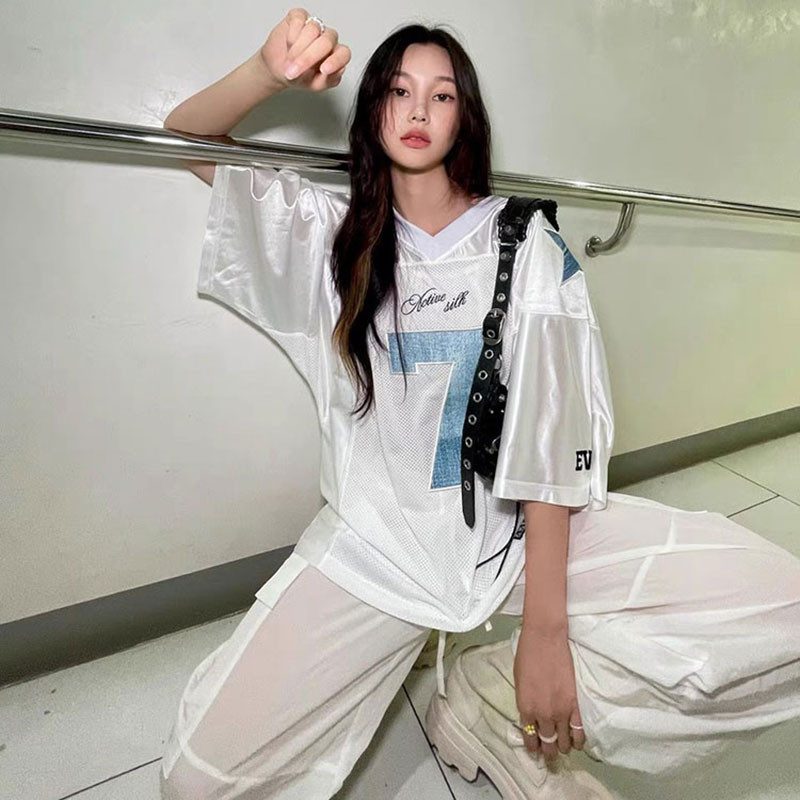 SUIKONE ซุยโคเนะ อเมริกันย้อนยุคหมายเลข 7 เสื้อเจอร์ซีย์ ฤดูร้อนผู้ชายและผู้หญิงตาข่ายหลวมกีฬาเสื้อยืดแขนสั้น — صورة 2