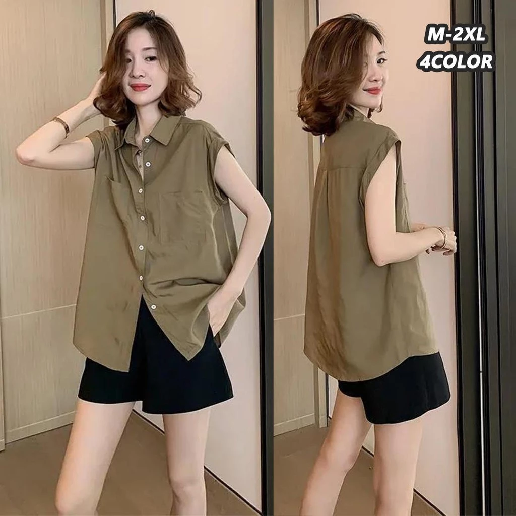 🌻Grace🌻 เสื้อเชิ้ตแขนสั้นผู้หญิง เสื้อปกคอแขนกุด 2 กระเป๋า แฟชั่นเกาหลีหลวมๆ สวมใส่สบาย ดีไซน์เรียบง่าย #W589