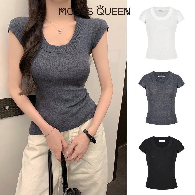 MOSESQUEEN การออกแบบอารมณ์ที่สวยงาม U-คอด้าย Slim ไหล่แขนสั้นเสื้อยืด 2025 ฤดูร้อนใหม่ Slim สุภาพสตรีด้านบน #59812