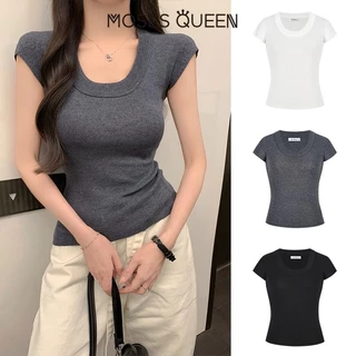 MOSESQUEEN การออกแบบอารมณ์ที่สวยงาม U-คอด้าย Slim ไหล่แขนสั้นเสื้อยืด 2025 ฤดูร้อนใหม่ Slim สุภาพสตรีด้านบน #59812